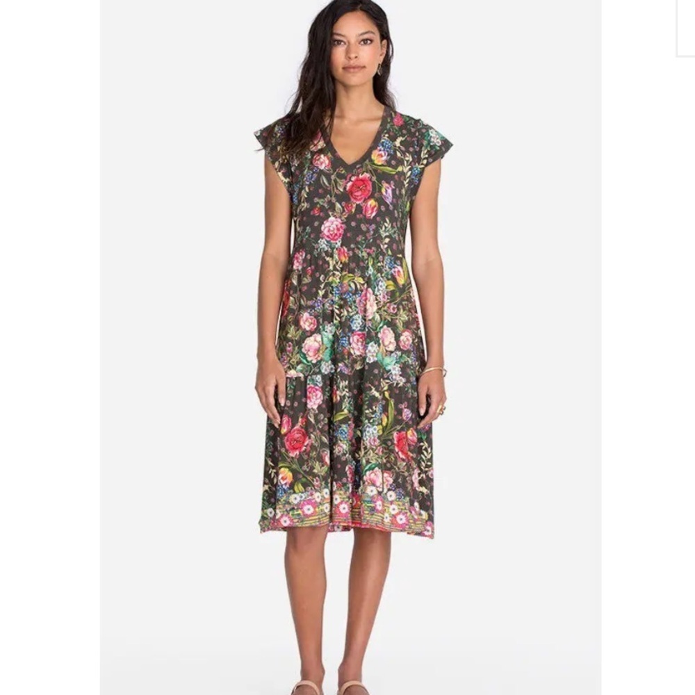 Johnny Was Naomi V Neck Tiered Tea Length Dress Bright Florals - Picture 2 of 7